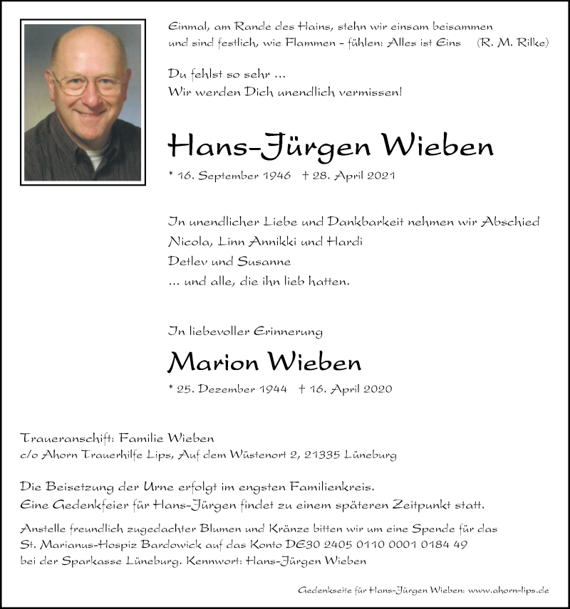  Traueranzeige für Hans-Jürgen Wieben vom 06.05.2021 aus LZ
