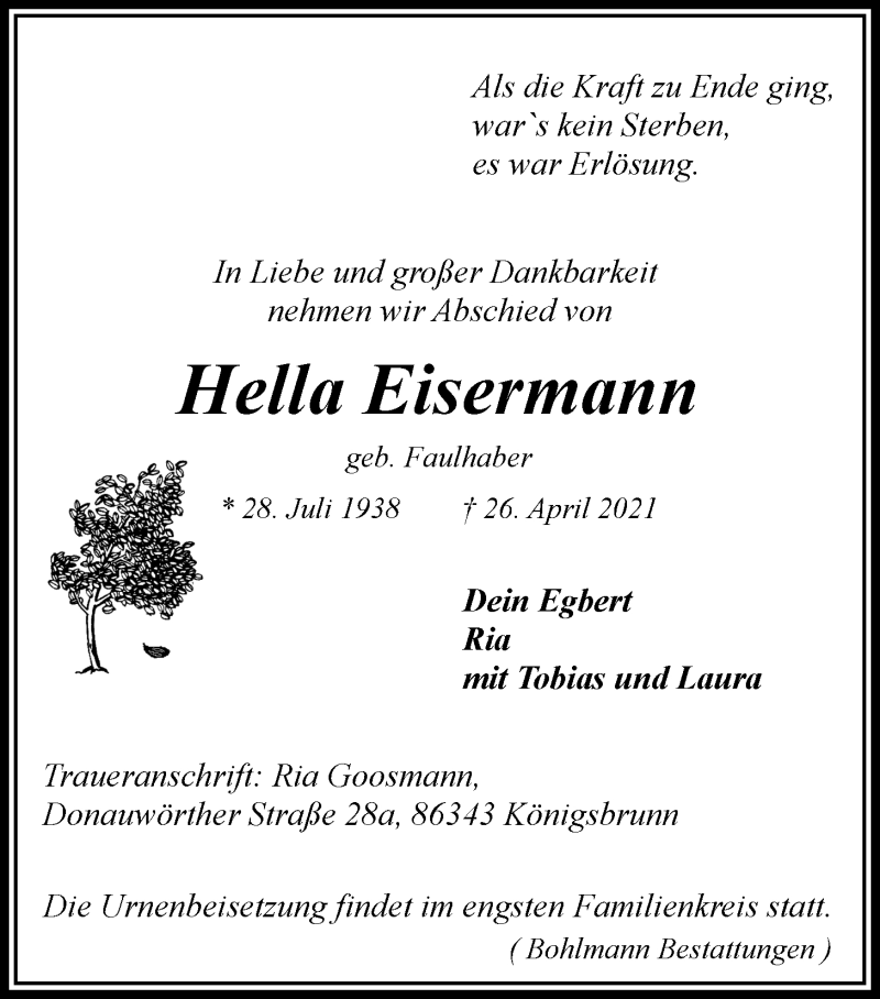  Traueranzeige für Hella Eisermann vom 30.04.2021 aus LZ