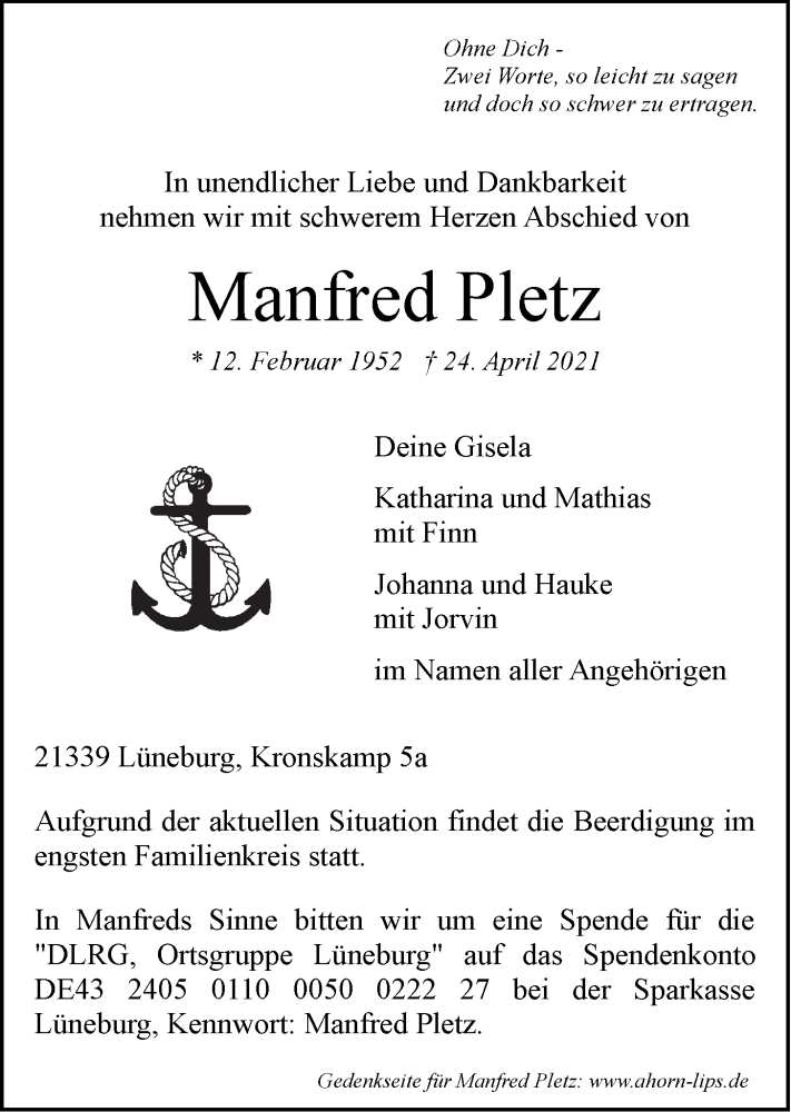  Traueranzeige für Manfred Pletz vom 08.05.2021 aus LZ