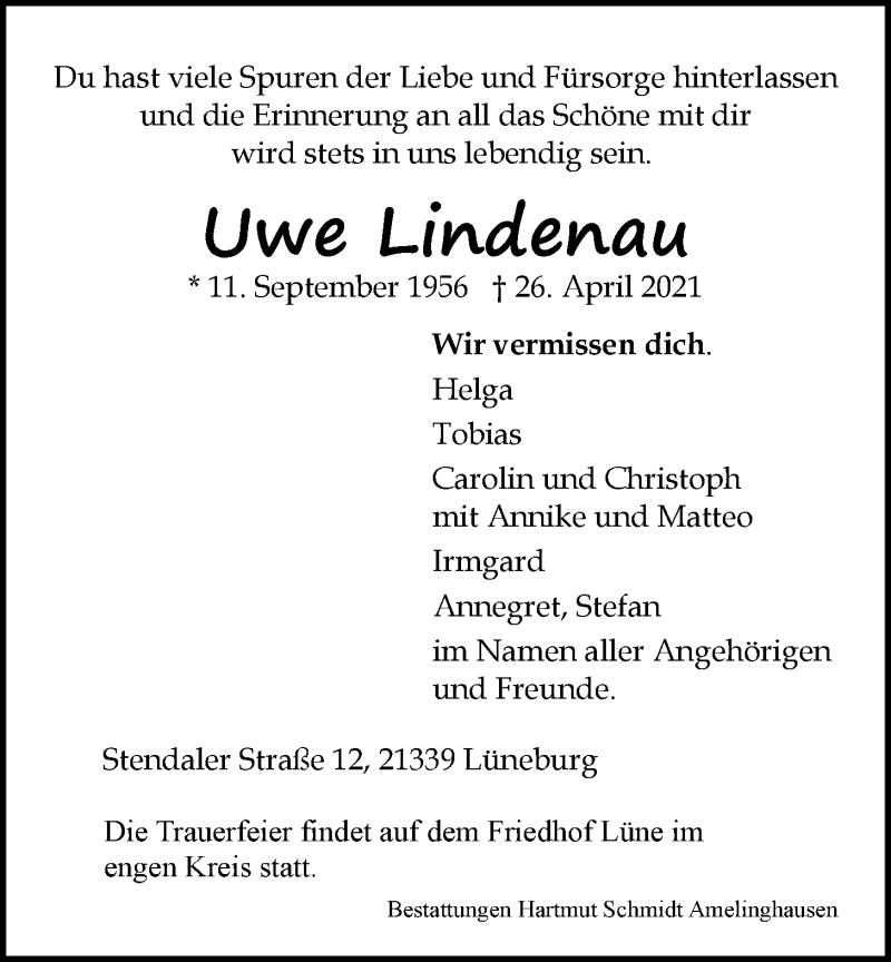  Traueranzeige für Uwe Lindenau vom 30.04.2021 aus LZ
