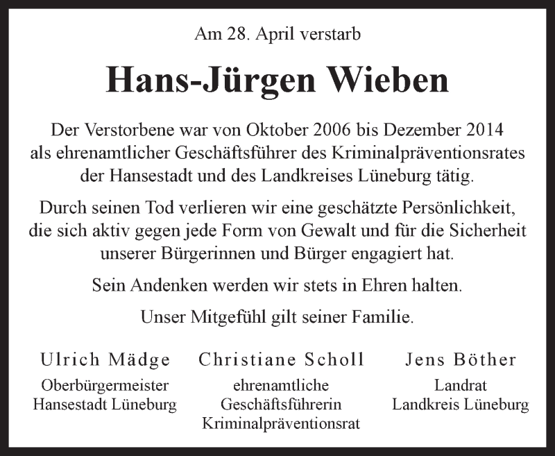  Traueranzeige für Hans-Jürgen Wieben vom 15.05.2021 aus LZ