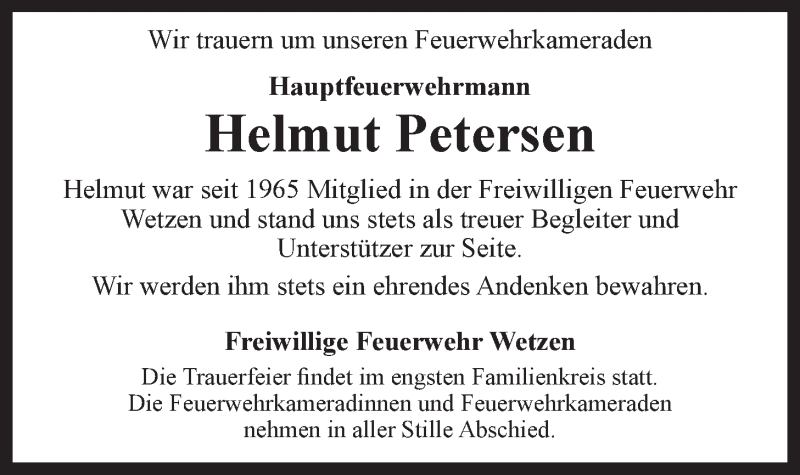  Traueranzeige für Helmut Petersen vom 12.05.2021 aus LZ