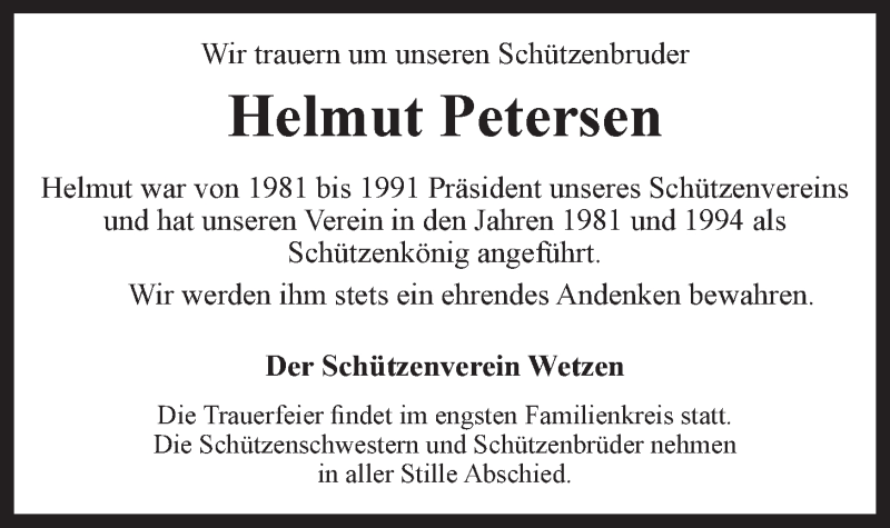  Traueranzeige für Helmut Petersen vom 12.05.2021 aus LZ
