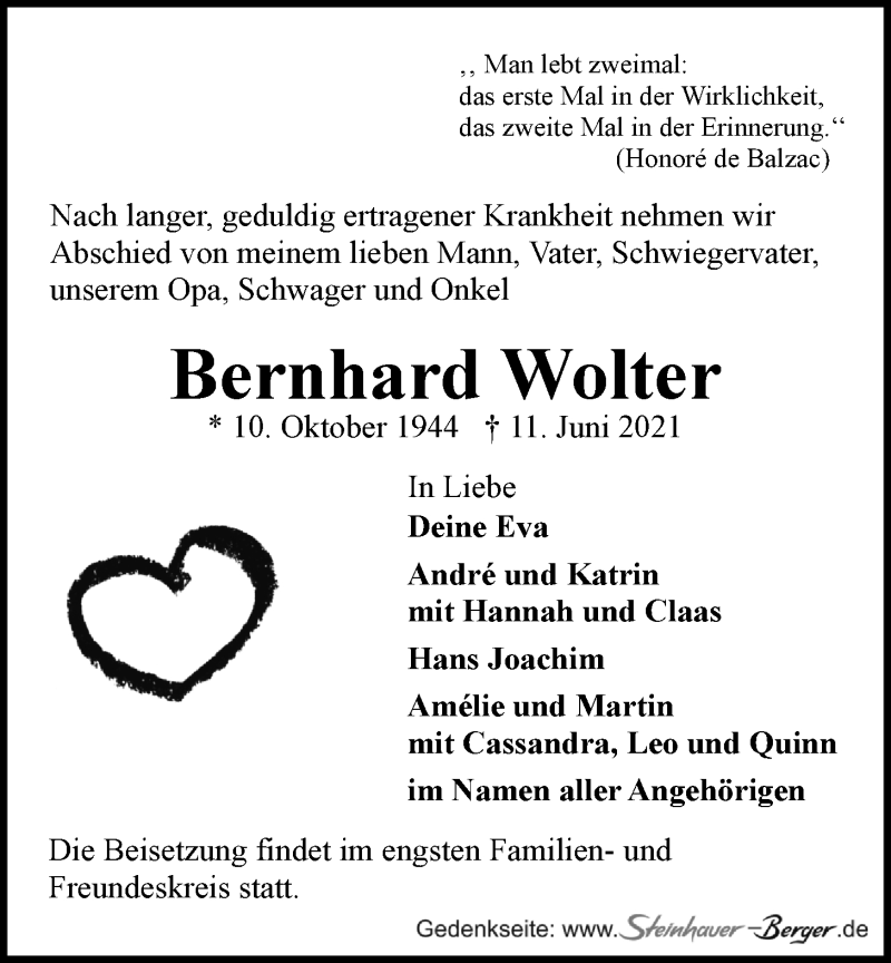  Traueranzeige für Bernhard Wolter vom 17.06.2021 aus LZ