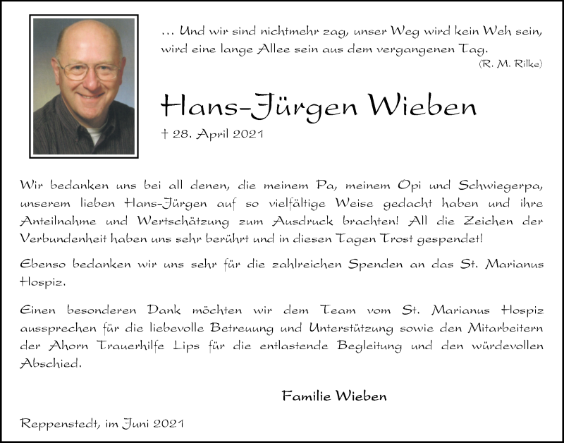  Traueranzeige für Hans-Jürgen Wieben vom 19.06.2021 aus LZ