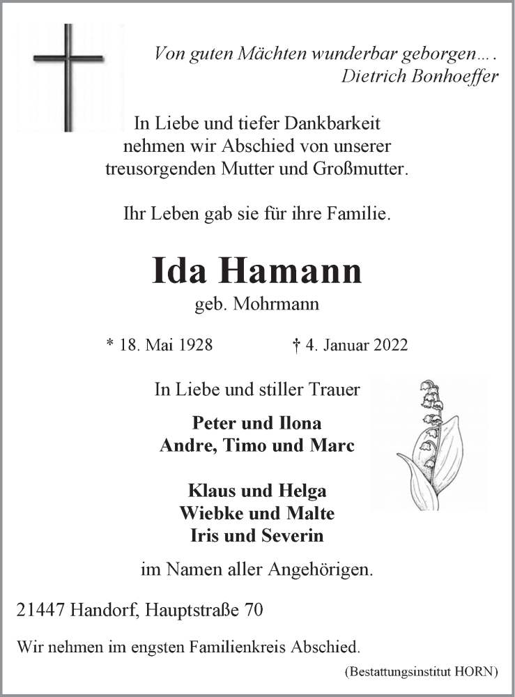  Traueranzeige für Ida Hamann vom 08.01.2022 aus LZ