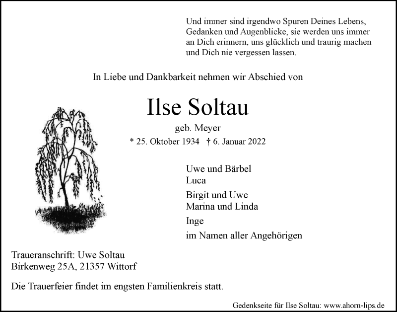  Traueranzeige für Ilse Soltau vom 08.01.2022 aus LZ