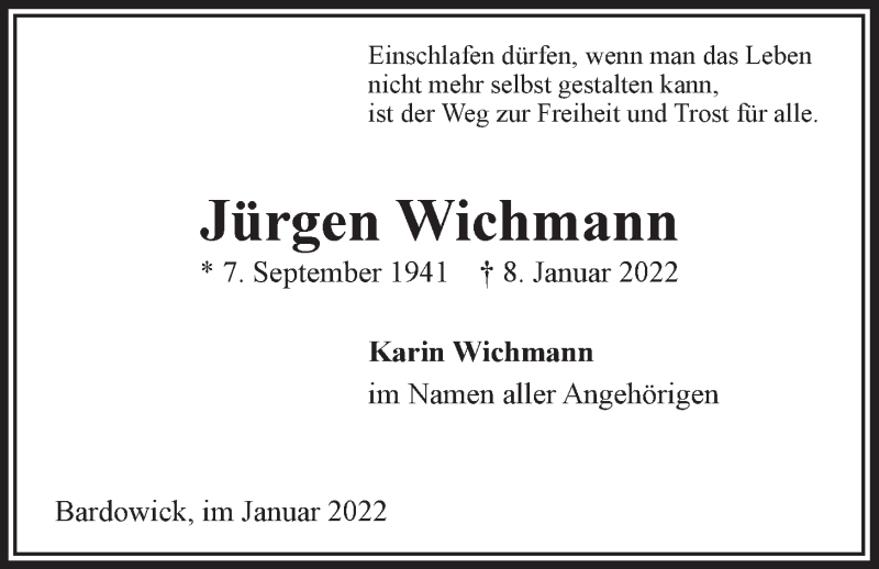  Traueranzeige für Jürgen Wichmann vom 12.01.2022 aus LZ