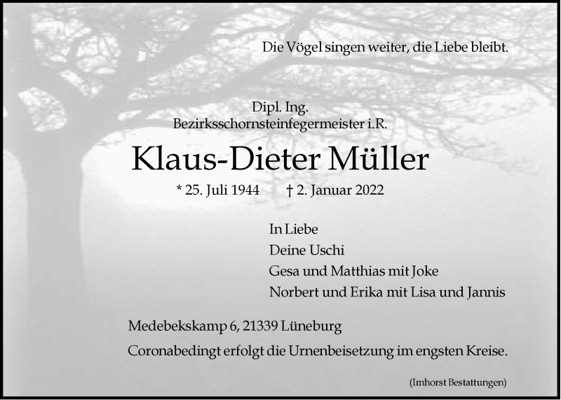  Traueranzeige für Klaus-Dieter Müller vom 08.01.2022 aus LZ