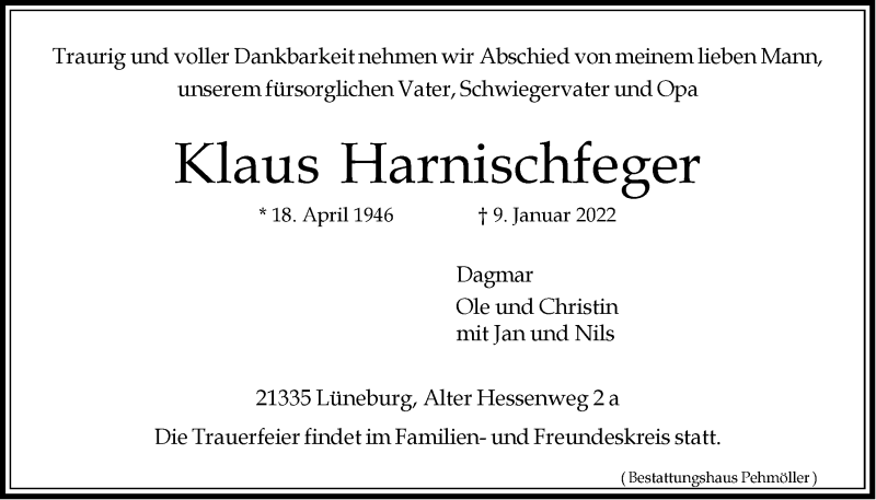  Traueranzeige für Klaus Harnischfeger vom 12.01.2022 aus LZ