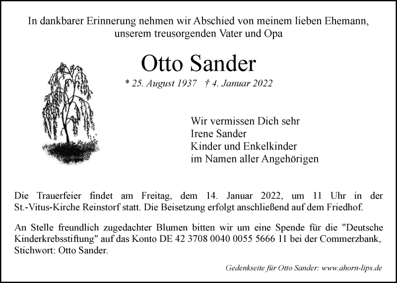  Traueranzeige für Otto Sander vom 08.01.2022 aus LZ