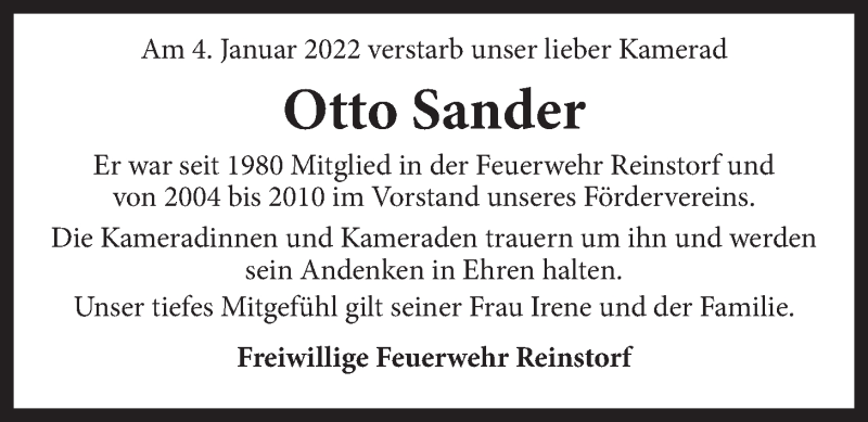  Traueranzeige für Otto Sander vom 11.01.2022 aus LZ