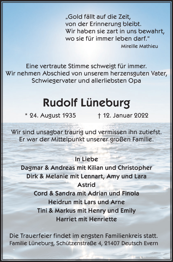  Traueranzeige für Rudolf Lüneburg vom 15.01.2022 aus LZ