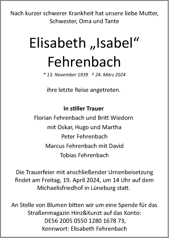 Anzeige von Elisabeth Fehrenbach von LZ