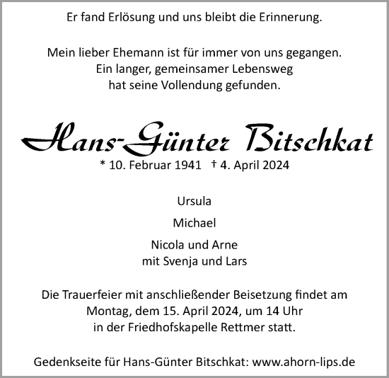 Anzeige von Hans-Günter Bitschkat von LZ