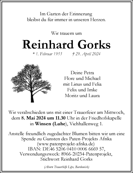 Anzeige von Reinhard Gorks von LZ